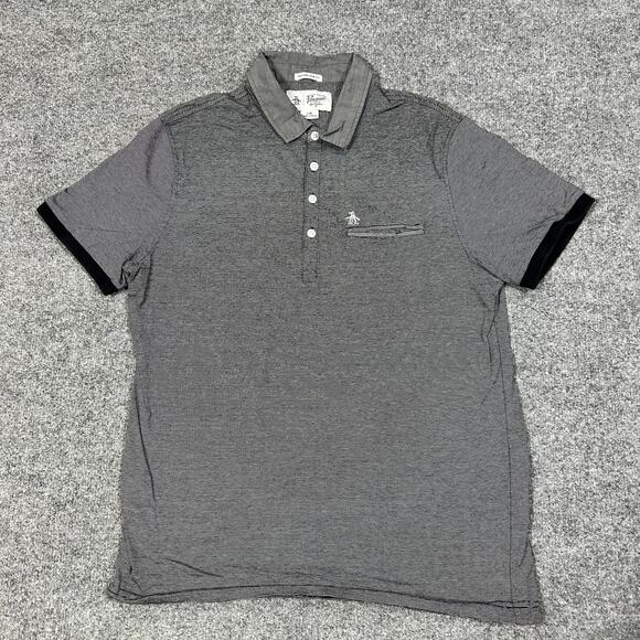 Penguin Heritage Slim Fit Gray Black Short Sleeve Collared Polo Shirt Size Large - Picture 1 of 7